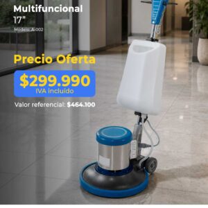 Promotional image for a 17" multifunction floor polisher (Modelo A-002); price 299,990 IVA incluido, referencia 464,100.