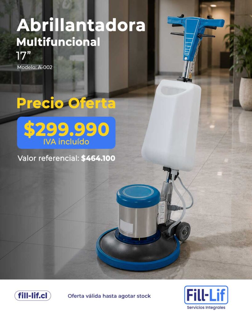 Promotional image for a 17" multifunction floor polisher (Modelo A-002); price 299,990 IVA incluido, referencia 464,100.