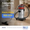 Aspiradora CB30 polvo/agua 30L en una casa, con texto promocional en amarillo 'Precio Oferta' y precio $99.000 IVA incluido.