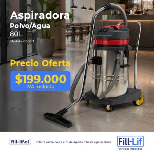 Aspiradora industrial para polvo y agua 80L, modelo CB80-3, en oferta de $199.000 IVA incluido.