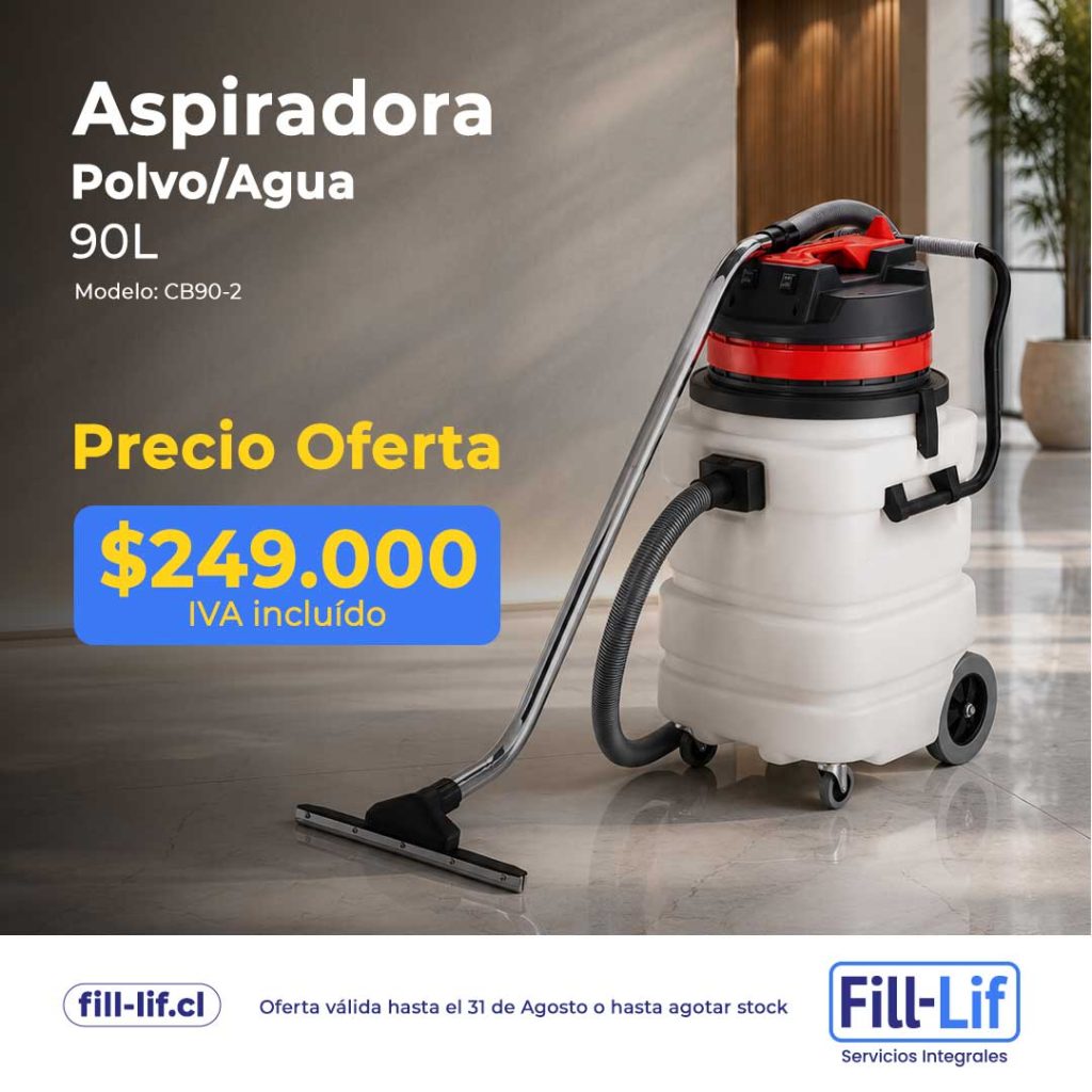 Aspiradora de polvo y agua de 90 L en un piso moderno, con precio de oferta 249.000 IVA incluido y logos de Fill-Lif en la base.