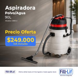 Aspiradora de polvo y agua de 90 L en un piso moderno, con precio de oferta 249.000 IVA incluido y logos de Fill-Lif en la base.