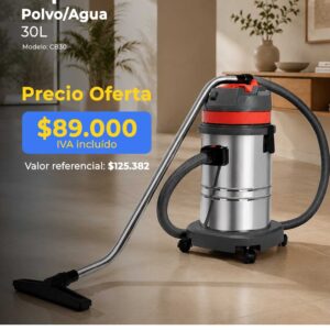 Wet/dry vacuum cleaner on wheels in a living room, advertising a 30L CB30 model with price 89,000 IVA incluido and reference price $125,382.