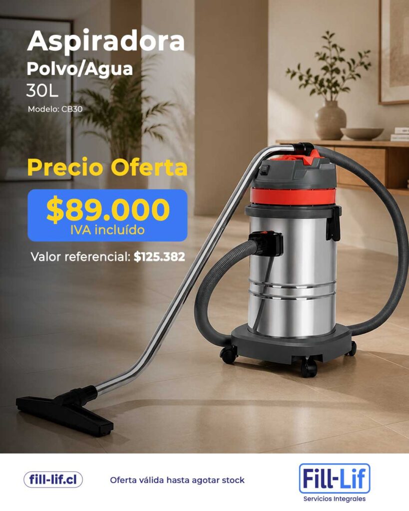 Wet/dry vacuum cleaner on wheels in a living room, advertising a 30L CB30 model with price 89,000 IVA incluido and reference price $125,382.