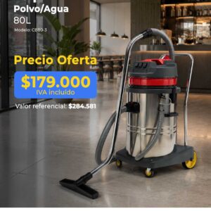 Aspiradora industrial de 80L en un showroom con cartel de oferta: precio $179.000 IVA incluido y logotipos de Fill-Lif.