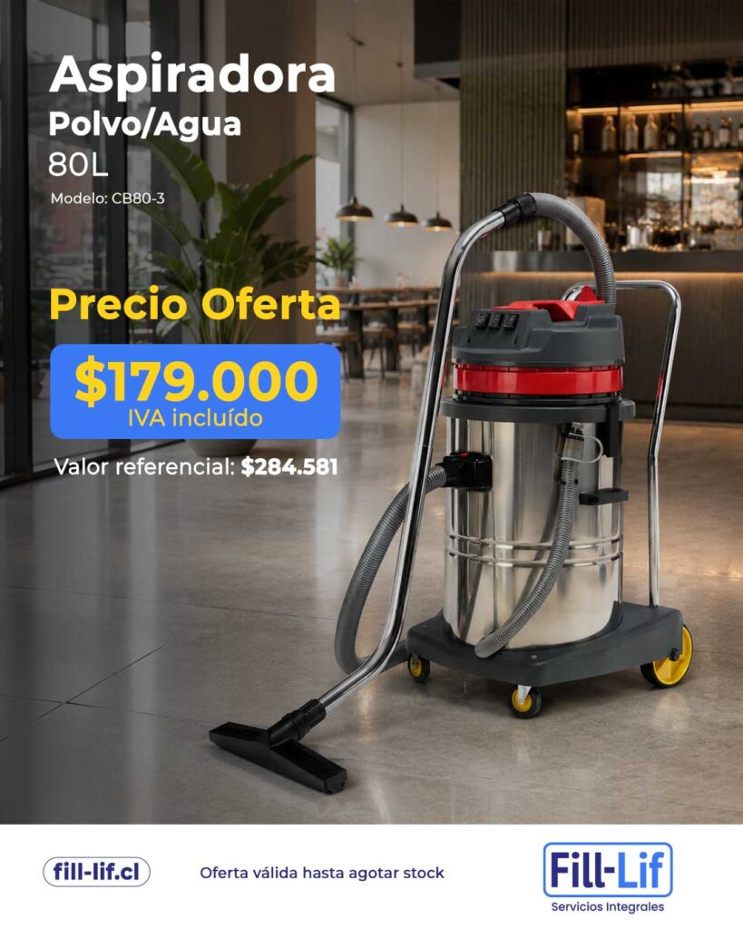 Aspiradora industrial de 80L en un showroom con cartel de oferta: precio $179.000 IVA incluido y logotipos de Fill-Lif.