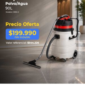 Aspiradora de polvo y agua de 90 L con precio de oferta en fondo oscuro y máquina en primer plano en un interior moderno.