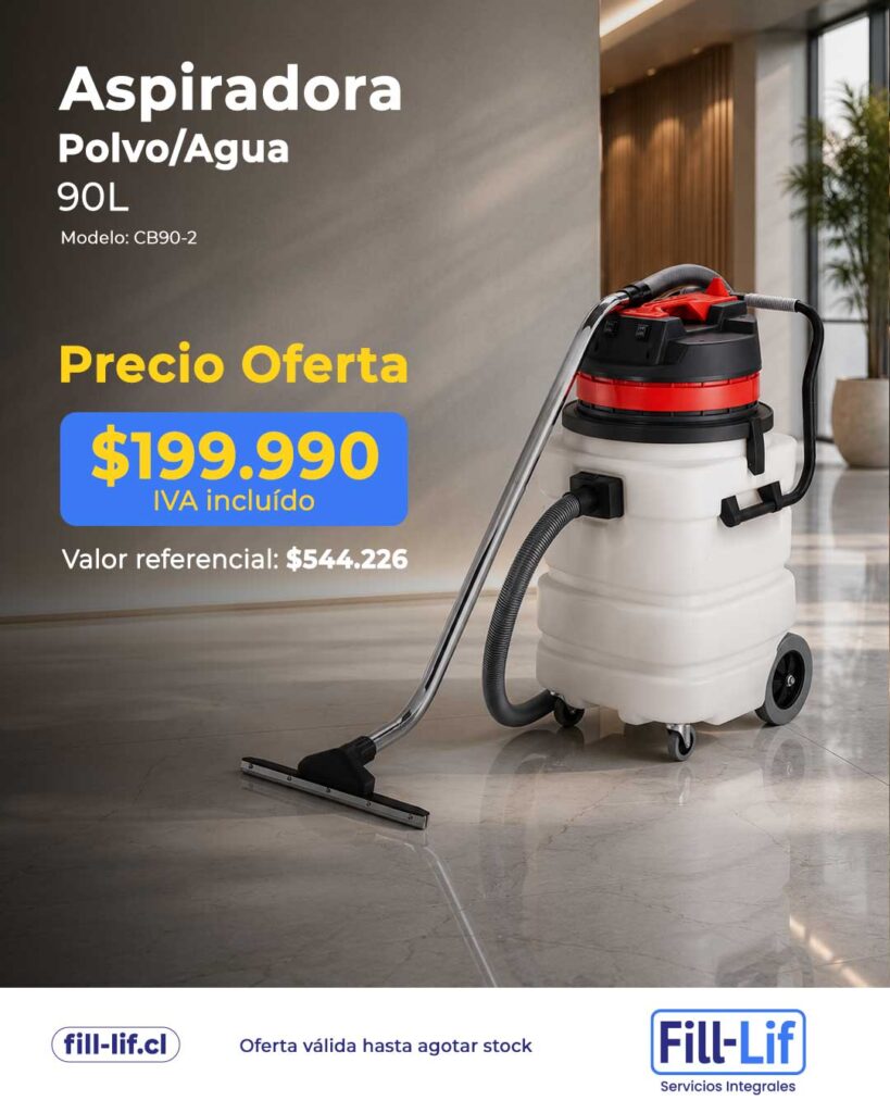 Aspiradora de polvo y agua de 90 L con precio de oferta en fondo oscuro y máquina en primer plano en un interior moderno.