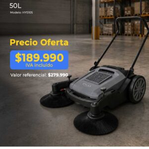 Promotional image for Barredora Manual 50L, price $189,990 IVA incluido, shown in a warehouse with a two-brush floor sweeper; Fill-Lif logos at bottom.