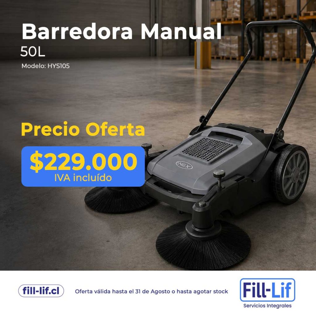 Barredora manual 50L, modelo HYS105, en un almacén, con la oferta de $229.000 IVA incluido y logotipos de Fill-Lif al fondo