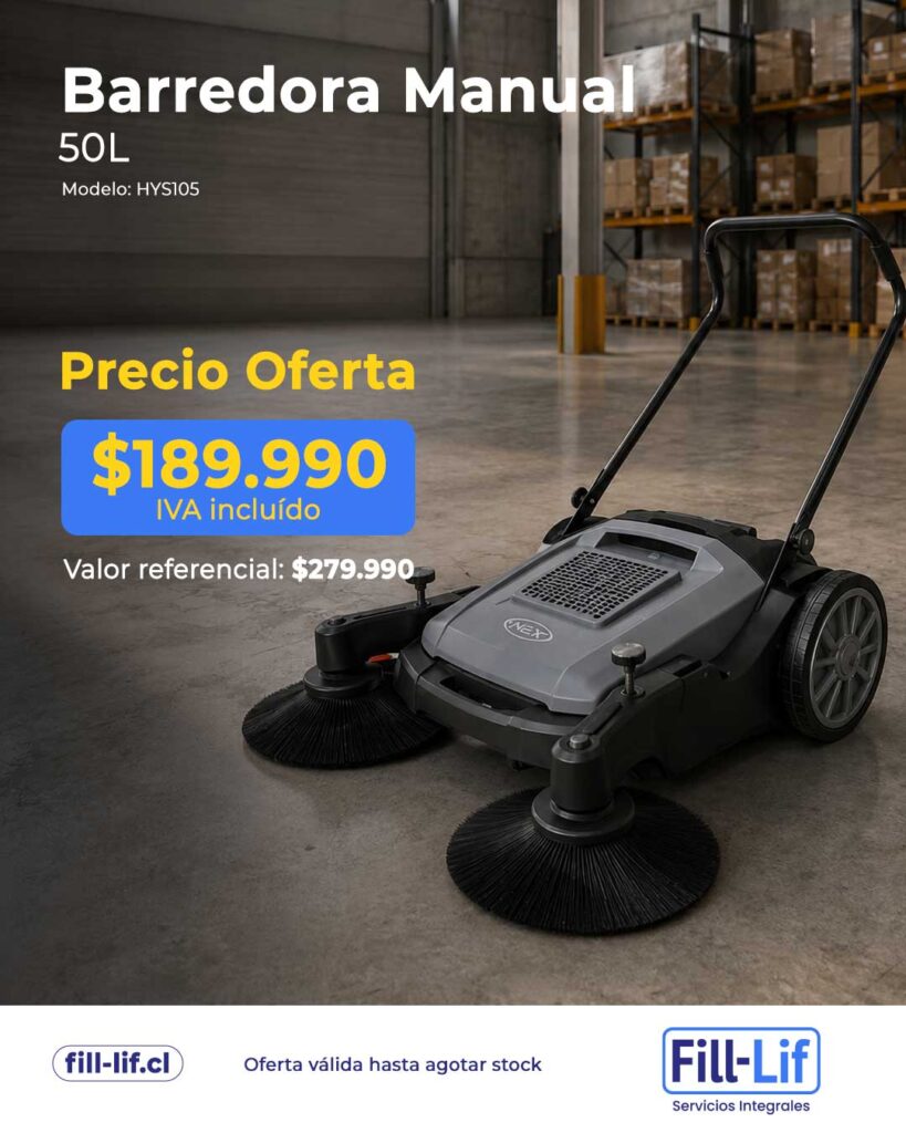Promotional image for Barredora Manual 50L, price $189,990 IVA incluido, shown in a warehouse with a two-brush floor sweeper; Fill-Lif logos at bottom.