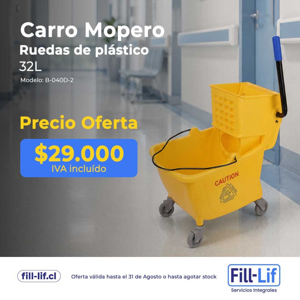 Carro mopero amarillo con cubo y escurridor en pasillo; precio de oferta $29.000 IVA incluido.