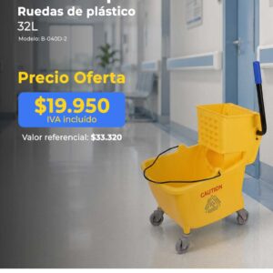 Advert for a plastic-wheeled mop cart (32L) in a hospital hallway; price $19,950 IVA included, product details shown in Spanish/English.