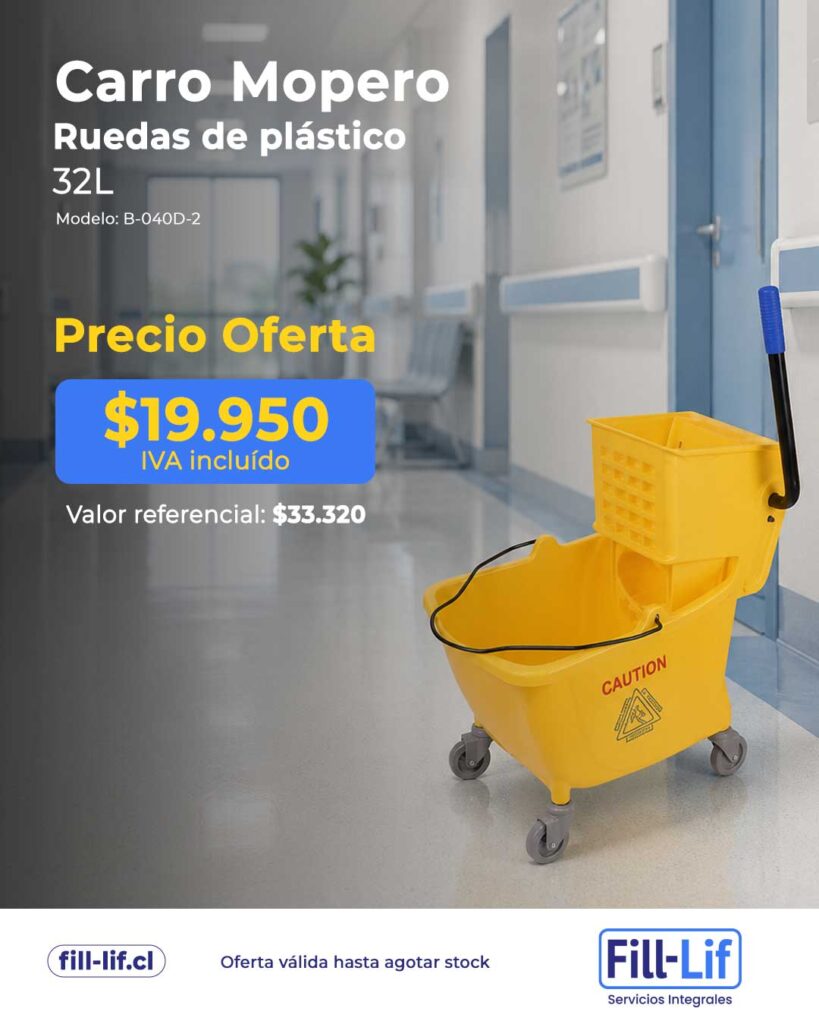 Advert for a plastic-wheeled mop cart (32L) in a hospital hallway; price $19,950 IVA included, product details shown in Spanish/English.