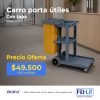 Carro portaútiles azul con bolsa amarilla y tapa, ubicado en una oficina; texto de oferta y precio visible: $49.500 IVA incluido.