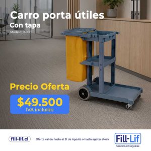 Carro portaútiles azul con bolsa amarilla y tapa, ubicado en una oficina; texto de oferta y precio visible: $49.500 IVA incluido.