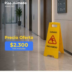 Office hallway with a yellow 'CUIDADO PISO HUMEDO' wet-floor sign; promotional price '$2.300' IVA incluido and branding in the image's bottom area.