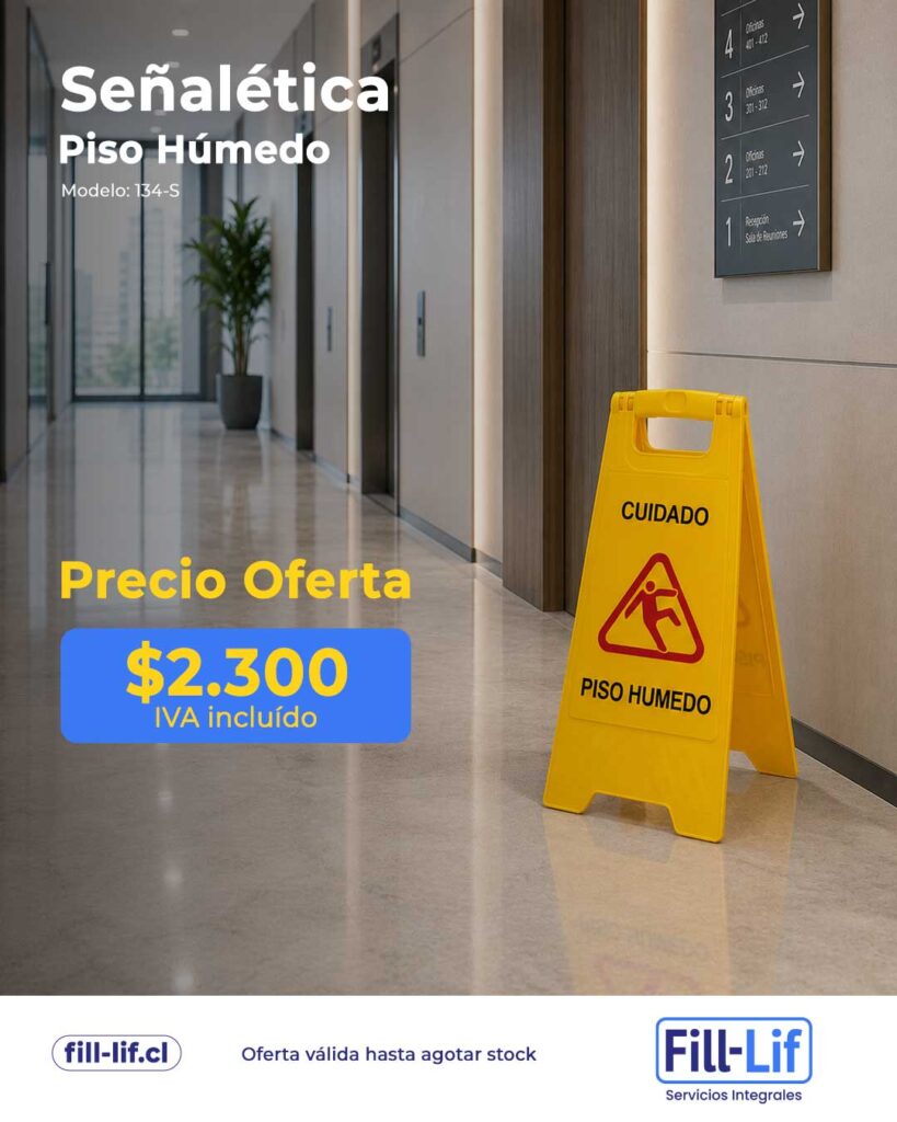 Office hallway with a yellow 'CUIDADO PISO HUMEDO' wet-floor sign; promotional price '$2.300' IVA incluido and branding in the image's bottom area.