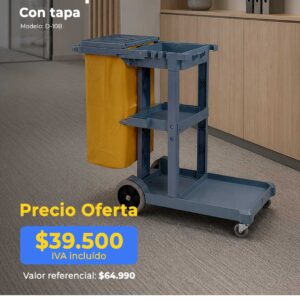Blue utility cart with a yellow bag in an office hallway, promotional price $39,500 IVA incluido.