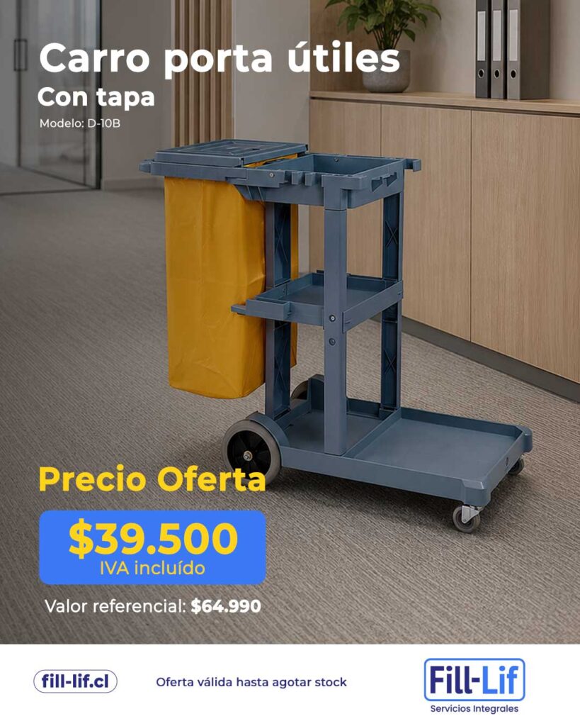 Blue utility cart with a yellow bag in an office hallway, promotional price $39,500 IVA incluido.