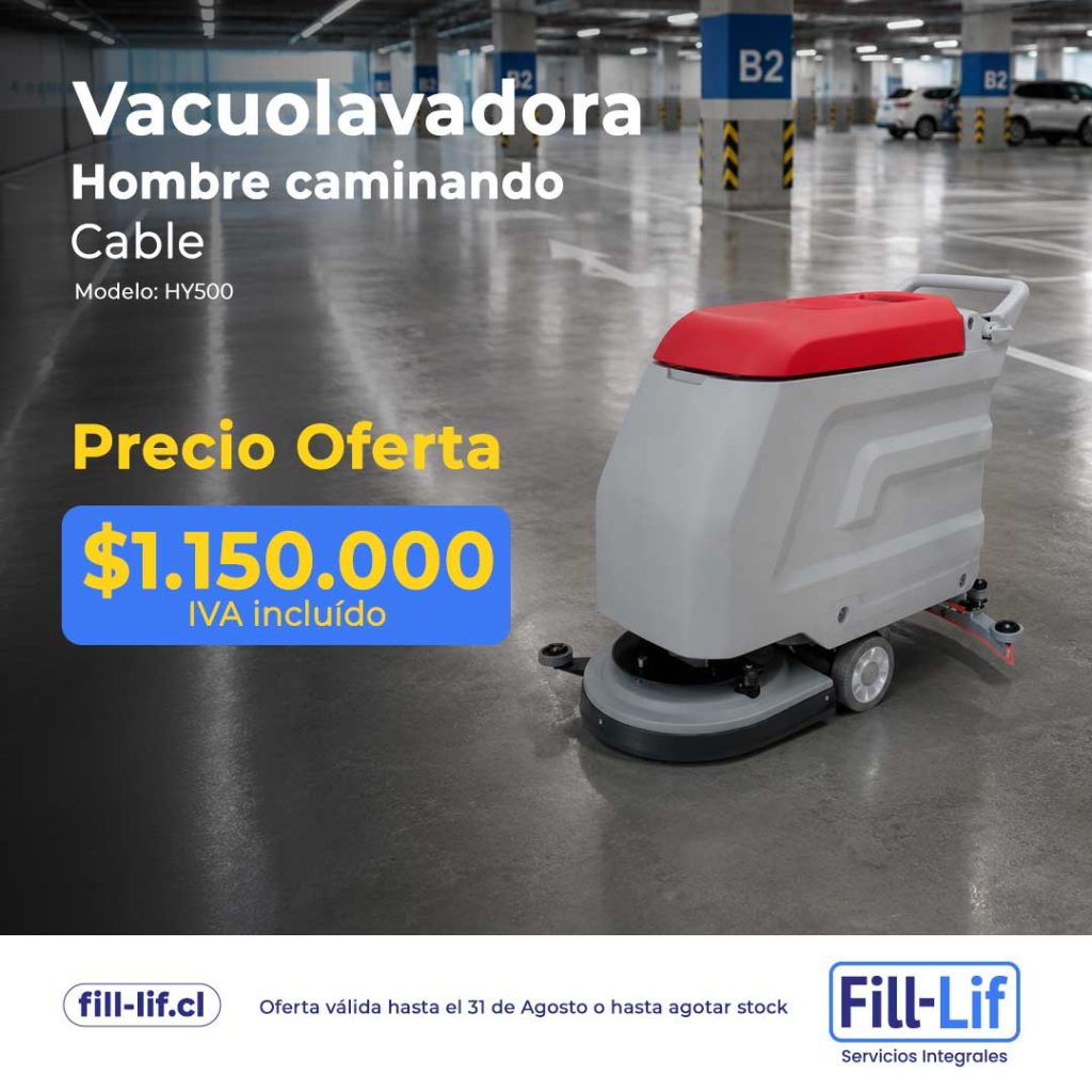 Fregadora de piso gris con tapa roja en un estacionamiento; precio de oferta 1.150.000 IVA incluido (HY500).