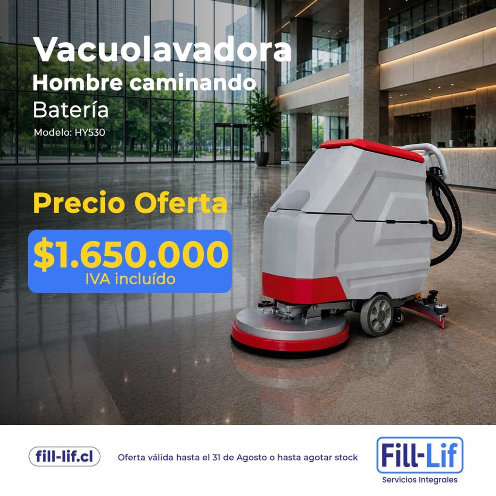 Fregadora industrial en un vestíbulo moderno con texto de oferta: $1.650.000 IVA incluido, modelo HY530 (logotipos Fill-Lif).