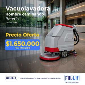 Fregadora industrial en un vestíbulo moderno con texto de oferta: $1.650.000 IVA incluido, modelo HY530 (logotipos Fill-Lif).