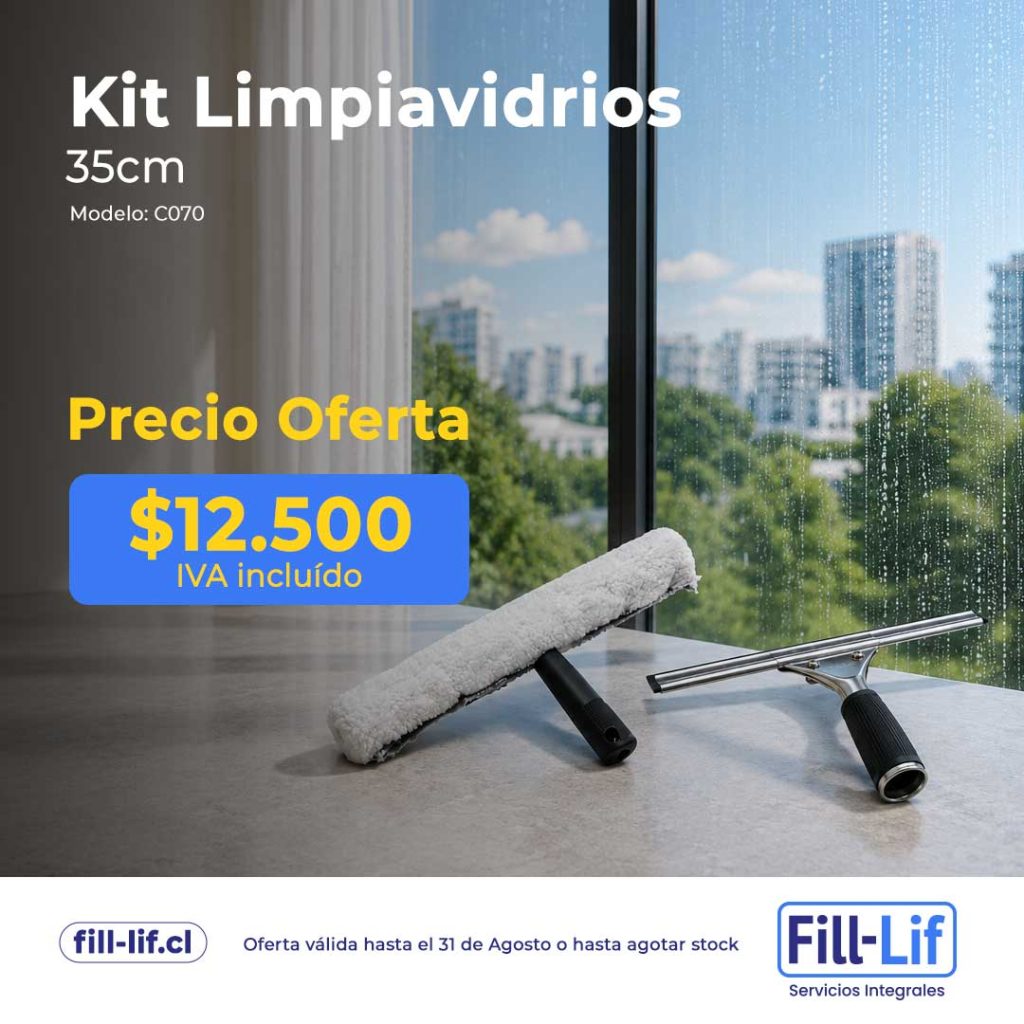 Ad for a 35 cm window cleaning kit with price $12.500 IVA incluido, showing a squeegee and roller by a window.