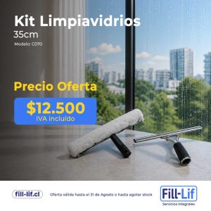 Ad for a 35 cm window cleaning kit with price $12.500 IVA incluido, showing a squeegee and roller by a window.