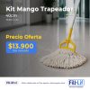 Anuncio de Kit Mango Trapeador 40 cm, modelo C-414, precio de oferta $13.900 IVA incluido, trapeador amarillo en suelo.