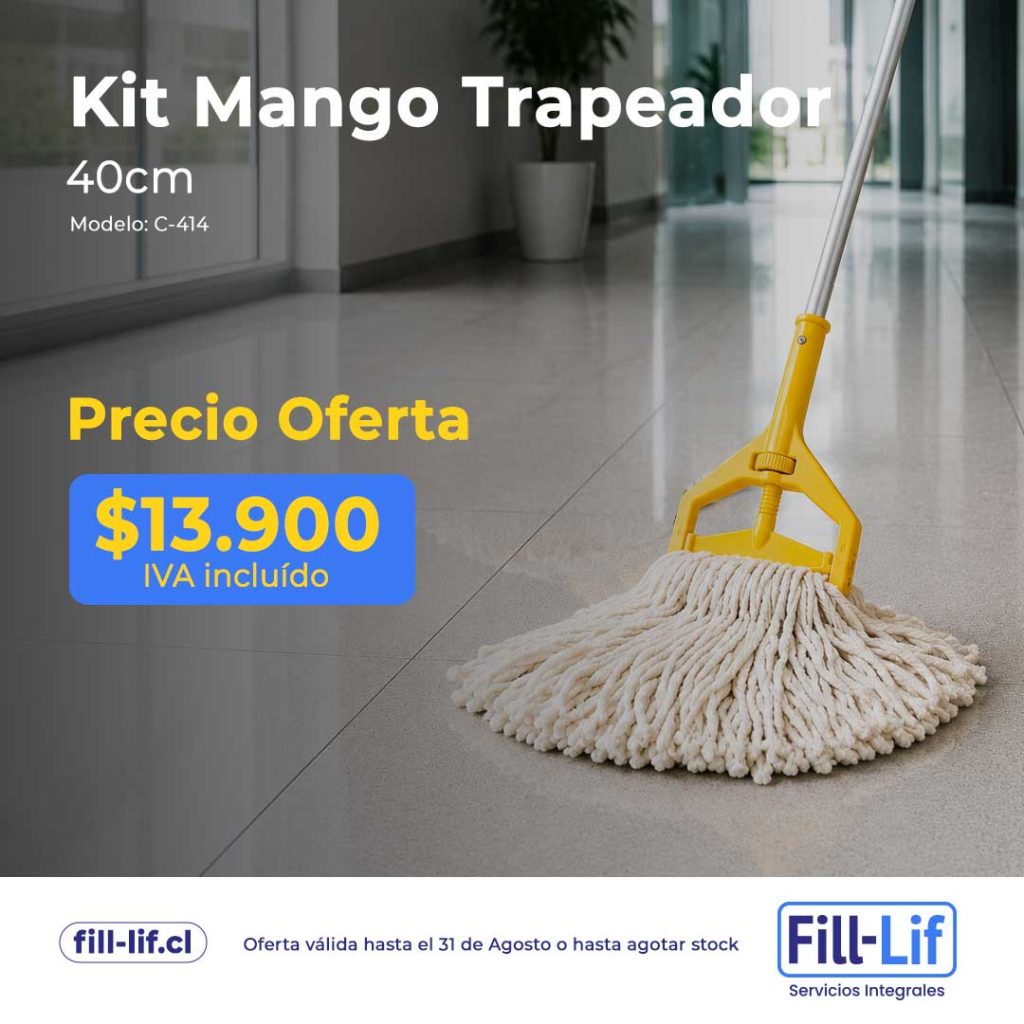 Anuncio de Kit Mango Trapeador 40 cm, modelo C-414, precio de oferta $13.900 IVA incluido, trapeador amarillo en suelo.