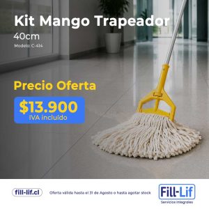 Anuncio de Kit Mango Trapeador 40 cm, modelo C-414, precio de oferta $13.900 IVA incluido, trapeador amarillo en suelo.