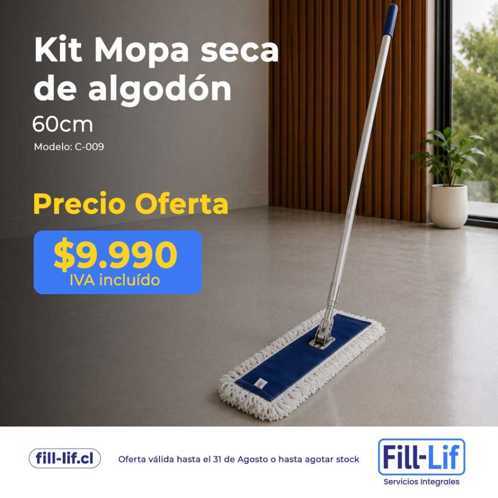 Anuncio de mopa seca de algodón 60 cm con precio de oferta $9.990 IVA incluido y logotipos Fill‑Lif