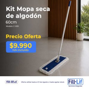 Anuncio de mopa seca de algodón 60 cm con precio de oferta $9.990 IVA incluido y logotipos Fill‑Lif