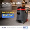 Publicidad de lavadora de sofás multifuncional CB-3 en sala moderna, con precio de oferta $790.000 IVA incluido y logos Fill-Lif.