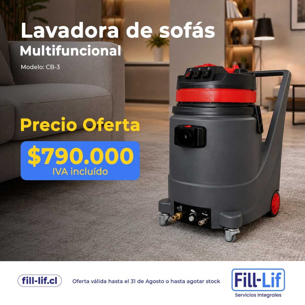 Publicidad de lavadora de sofás multifuncional CB-3 en sala moderna, con precio de oferta $790.000 IVA incluido y logos Fill-Lif.