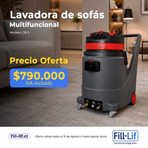 Publicidad de lavadora de sofás multifuncional CB-3 en sala moderna, con precio de oferta $790.000 IVA incluido y logos Fill-Lif.