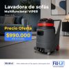 Lavadora de sofás multifuncional VIPER en un salón moderno; etiqueta de oferta con precio $990.000 IVA incluido.