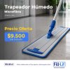 Publicidad de trapeador húmedo de microfibra azul en un pasillo, con texto de oferta: Precio Oferta $9.500 IVA incluido.