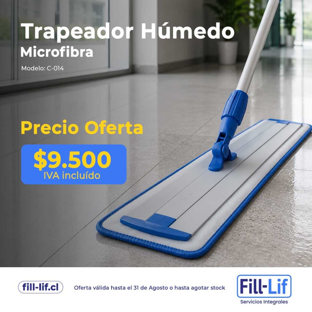 Publicidad de trapeador húmedo de microfibra azul en un pasillo, con texto de oferta: Precio Oferta $9.500 IVA incluido.