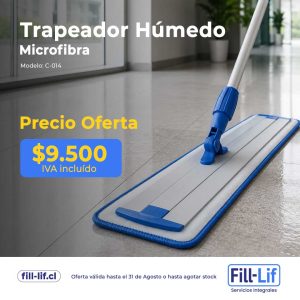 Publicidad de trapeador húmedo de microfibra azul en un pasillo, con texto de oferta: Precio Oferta $9.500 IVA incluido.